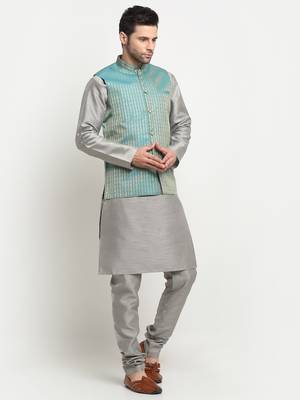 Men Silk Silver Kurta Churidar with Blue Nehru Jacket Set 4