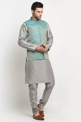 Men Silk Silver Kurta Churidar with Blue Nehru Jacket Set
