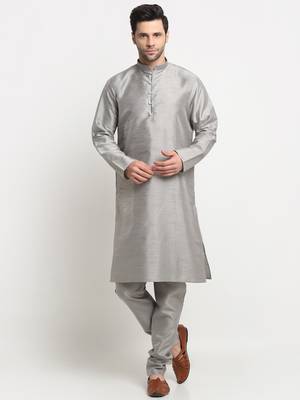 Men Silk Silver Kurta Churidar with Blue Nehru Jacket Set 5