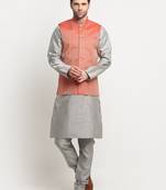 Men Silk Silver Kurta Churidar with Red Nehru Jacket Set