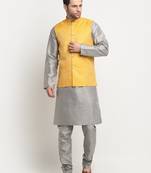 Men Silk Silver Kurta Churidar with Yellow Nehru Jacket Set