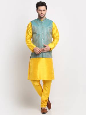 Men Silk Yellow Kurta Churidar with Blue Nehru Jacket Set 1