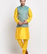Men Silk Yellow Kurta Churidar with Blue Nehru Jacket Set