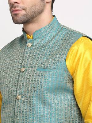 Men Silk Yellow Kurta Churidar with Blue Nehru Jacket Set 2
