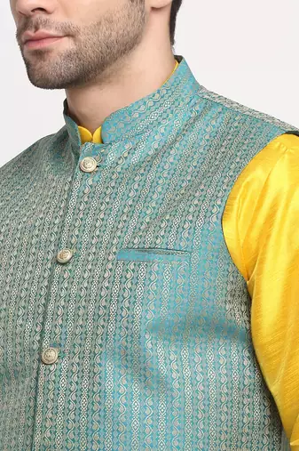 Men Silk Yellow Kurta Churidar with Blue Nehru Jacket Set