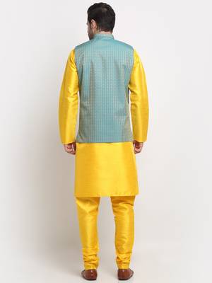 Men Silk Yellow Kurta Churidar with Blue Nehru Jacket Set 3