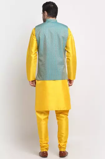 Men Silk Yellow Kurta Churidar with Blue Nehru Jacket Set