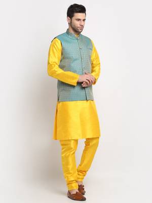 Men Silk Yellow Kurta Churidar with Blue Nehru Jacket Set 4