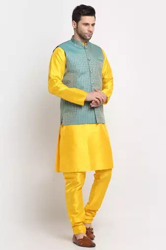 Men Silk Yellow Kurta Churidar with Blue Nehru Jacket Set