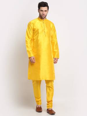 Men Silk Yellow Kurta Churidar with Blue Nehru Jacket Set 5