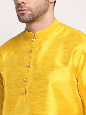 Men Silk Yellow Kurta Churidar with Blue Nehru Jacket Set 6