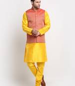 Men Silk Yellow Kurta Churidar with Red Nehru Jacket Set