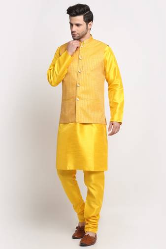 Men Silk Yellow Kurta Churidar with Yellow Nehru Jacket Set