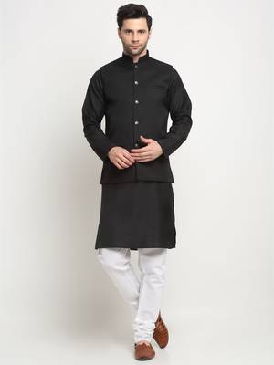 Men Cotton Solid Black Kurta Churidar With Black Twill Nehru Jacket Set 1