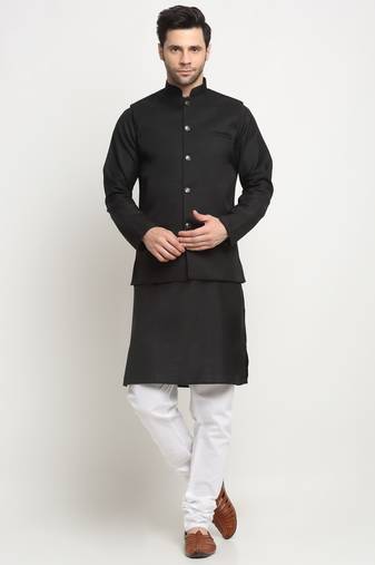 Men Cotton Solid Black Kurta Churidar With Black Twill Nehru Jacket Set