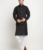 Men Cotton Solid Black Kurta Churidar With Black Twill Nehru Jacket Set