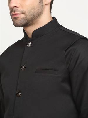 Men Cotton Solid Black Kurta Churidar With Black Twill Nehru Jacket Set 2