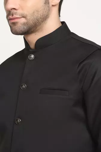 Men Cotton Solid Black Kurta Churidar With Black Twill Nehru Jacket Set