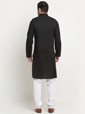 Men Cotton Solid Black Kurta Churidar With Black Twill Nehru Jacket Set 3