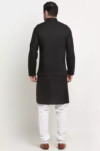 Men Cotton Solid Black Kurta Churidar With Black Twill Nehru Jacket Set
