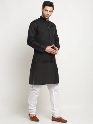 Men Cotton Solid Black Kurta Churidar With Black Twill Nehru Jacket Set 4