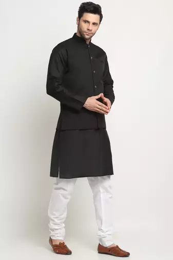Men Cotton Solid Black Kurta Churidar With Black Twill Nehru Jacket Set