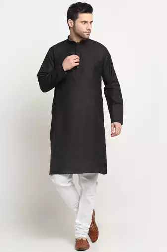 Men Cotton Solid Black Kurta Churidar With Black Twill Nehru Jacket Set