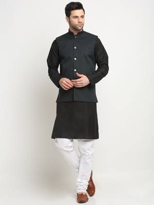 Men Cotton Solid Black Kurta Churidar With Green Twill Nehru Jacket Set 1