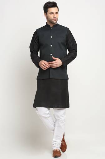 Men Cotton Solid Black Kurta Churidar With Green Twill Nehru Jacket Set