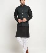 Men Cotton Solid Black Kurta Churidar With Green Twill Nehru Jacket Set