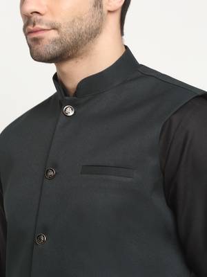 Men Cotton Solid Black Kurta Churidar With Green Twill Nehru Jacket Set 2