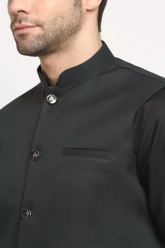 Men Cotton Solid Black Kurta Churidar With Green Twill Nehru Jacket Set