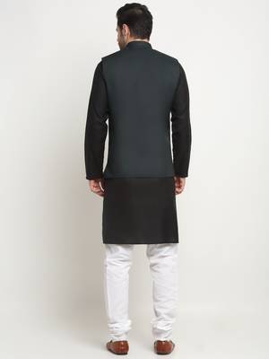 Men Cotton Solid Black Kurta Churidar With Green Twill Nehru Jacket Set 3