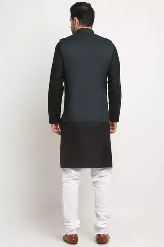 Men Cotton Solid Black Kurta Churidar With Green Twill Nehru Jacket Set