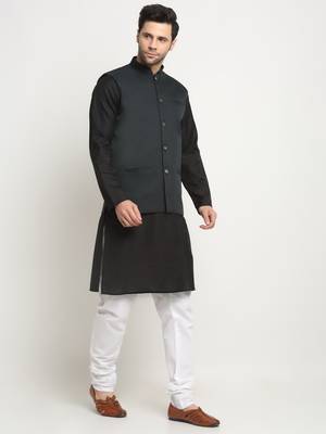 Men Cotton Solid Black Kurta Churidar With Green Twill Nehru Jacket Set 4