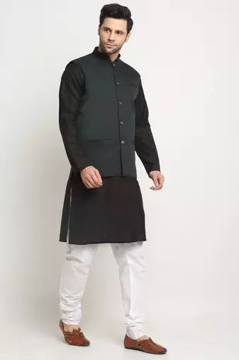 Men Cotton Solid Black Kurta Churidar With Green Twill Nehru Jacket Set