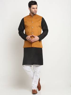 Men Cotton Solid Black Kurta Churidar With Mustard Twill Nehru Jacket Set 1