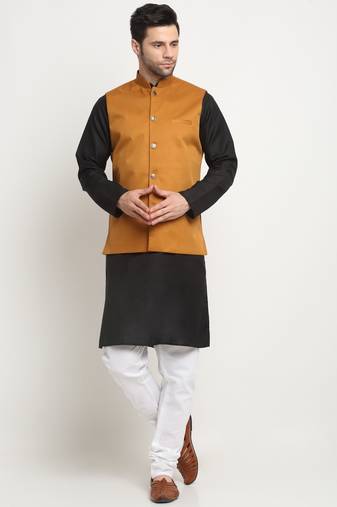 Men Cotton Solid Black Kurta Churidar With Mustard Twill Nehru Jacket Set
