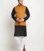 Men Cotton Solid Black Kurta Churidar With Mustard Twill Nehru Jacket Set