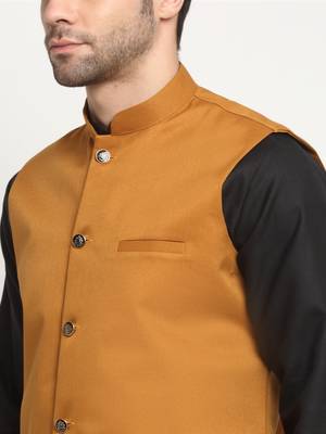 Men Cotton Solid Black Kurta Churidar With Mustard Twill Nehru Jacket Set 2