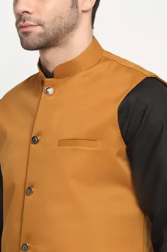 Men Cotton Solid Black Kurta Churidar With Mustard Twill Nehru Jacket Set