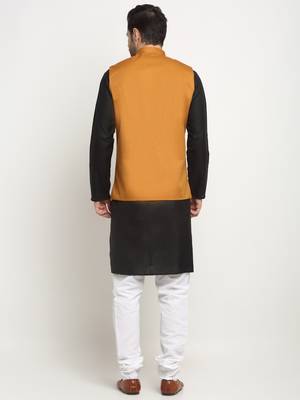 Men Cotton Solid Black Kurta Churidar With Mustard Twill Nehru Jacket Set 3