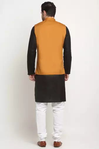 Men Cotton Solid Black Kurta Churidar With Mustard Twill Nehru Jacket Set