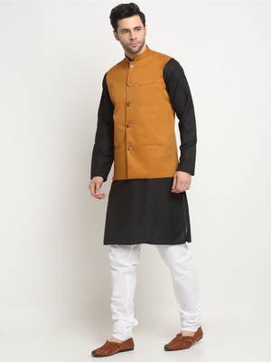 Men Cotton Solid Black Kurta Churidar With Mustard Twill Nehru Jacket Set 4
