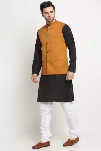 Men Cotton Solid Black Kurta Churidar With Mustard Twill Nehru Jacket Set