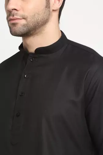Men Cotton Solid Black Kurta Churidar With Mustard Twill Nehru Jacket Set