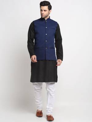 Men Cotton Solid Black Kurta Churidar With Navy Blue Twill Nehru Jacket Set 1