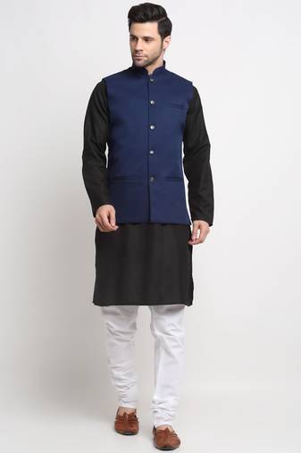 Men Cotton Solid Black Kurta Churidar With Navy Blue Twill Nehru Jacket Set