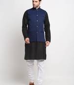 Men Cotton Solid Black Kurta Churidar With Navy Blue Twill Nehru Jacket Set