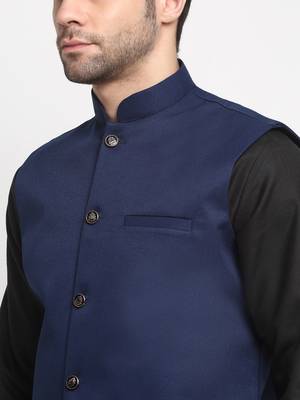 Men Cotton Solid Black Kurta Churidar With Navy Blue Twill Nehru Jacket Set 2